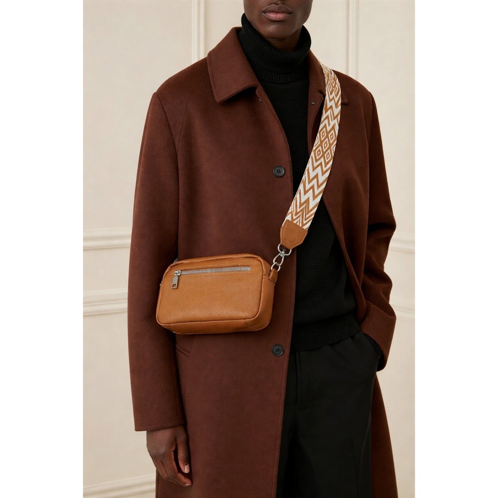 Brown Faux Women Leather Crossbody Bag Adjustable Wide Geometric Pattern Strap